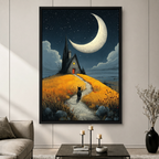 Black Cat Crescent Moon Cottage Canvas Art