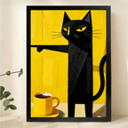 Grumpy Black Cat with Coffee Wall Art - Funny Cat Canvas Print|W1334