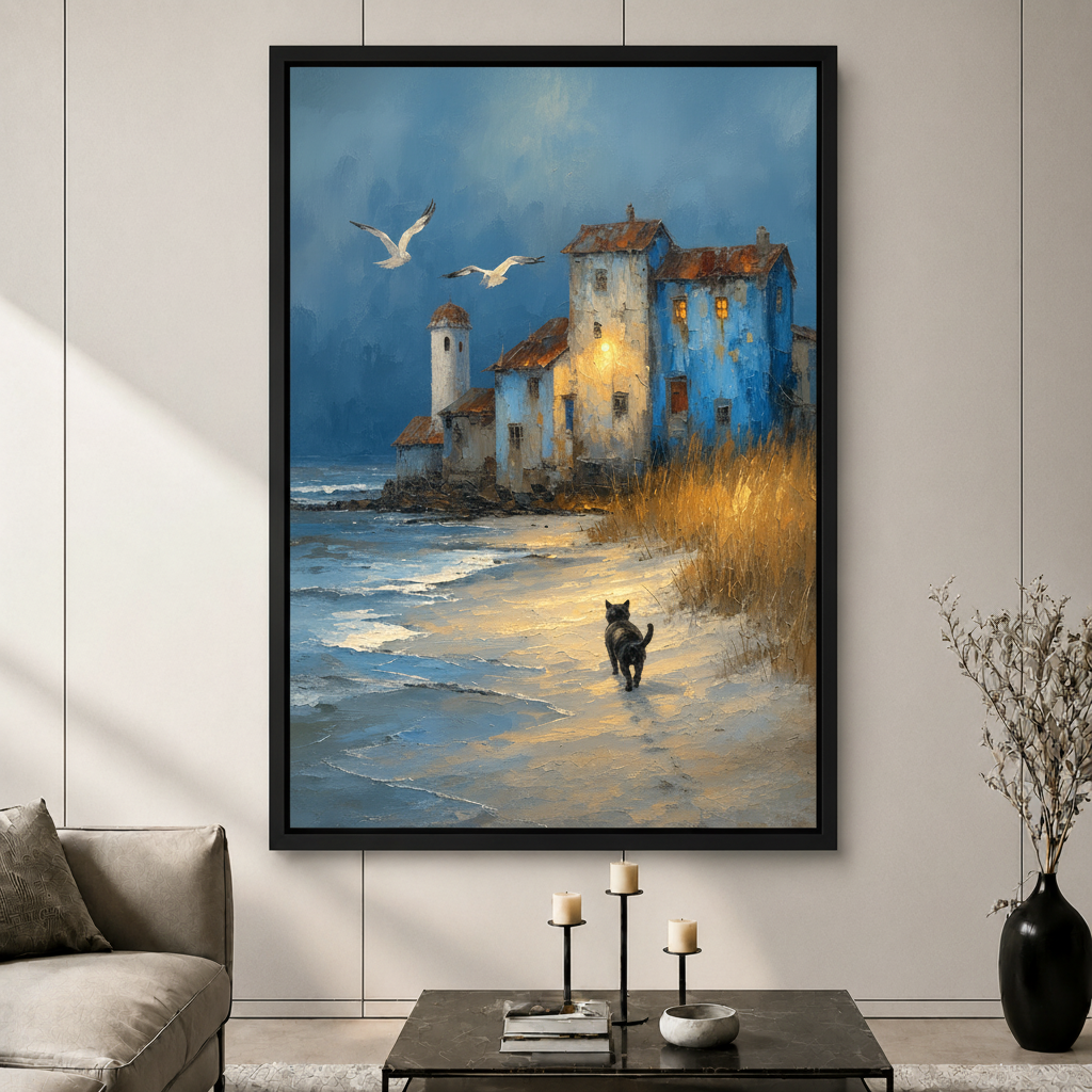 Coastal Cat Beach Oil Painting Canvas Art