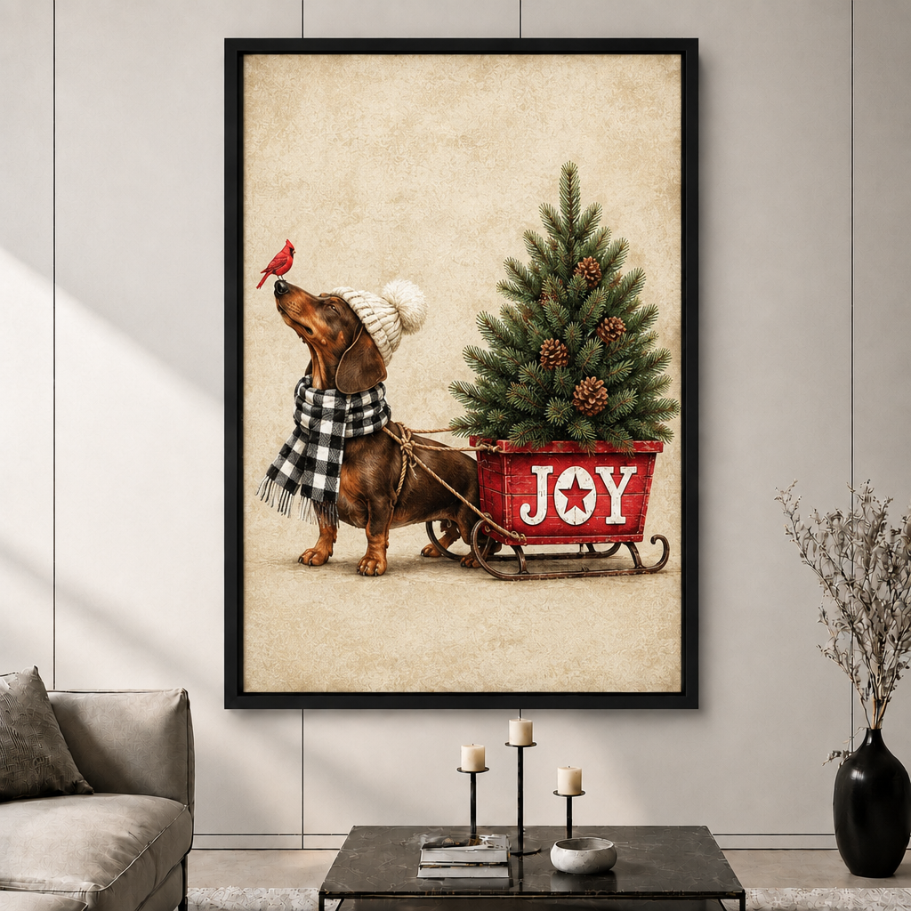 Dachshund Christmas Joy Sled Vintage Canvas Art