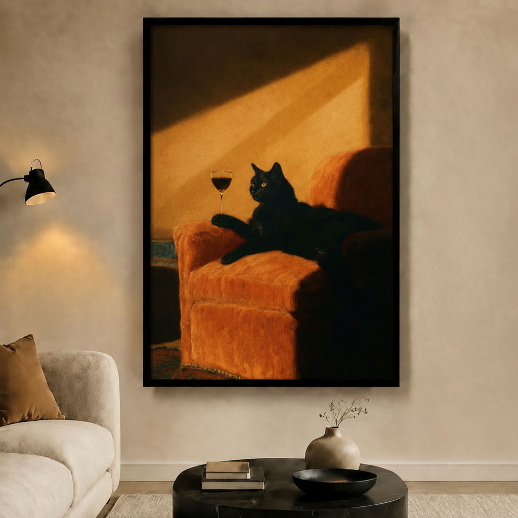 Black Cat Red Wine Velvet Sofa Canvas Art