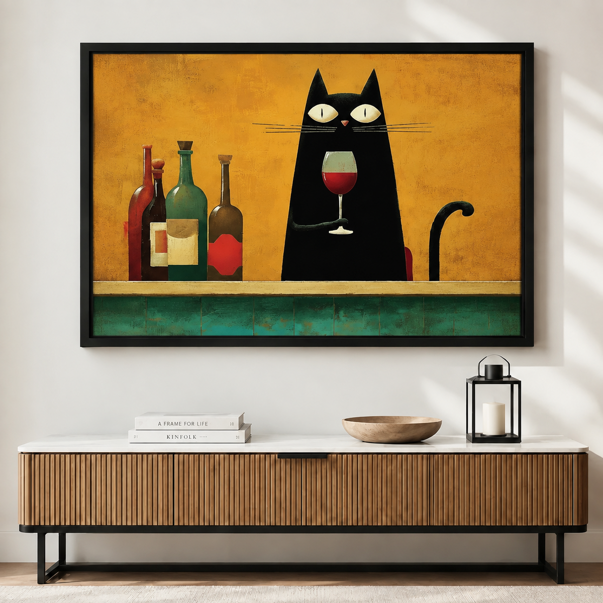 Black Cat Wine Folk Art Canvas Print