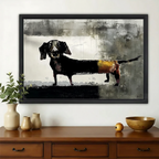 Dachshund Portrait Wall Art – Dark Abstract Mixed Media Oil Painting Canvas Print on Natural Wood Frame | W2241
