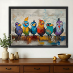 Six Colourful Birds on a Perch Wall Art – Bold Impasto Bird Canvas Print on Natural Wood Frame | W2292