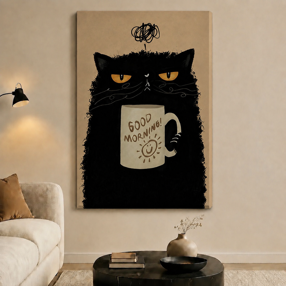 Grumpy Black Cat Good Morning Coffee Canvas Art