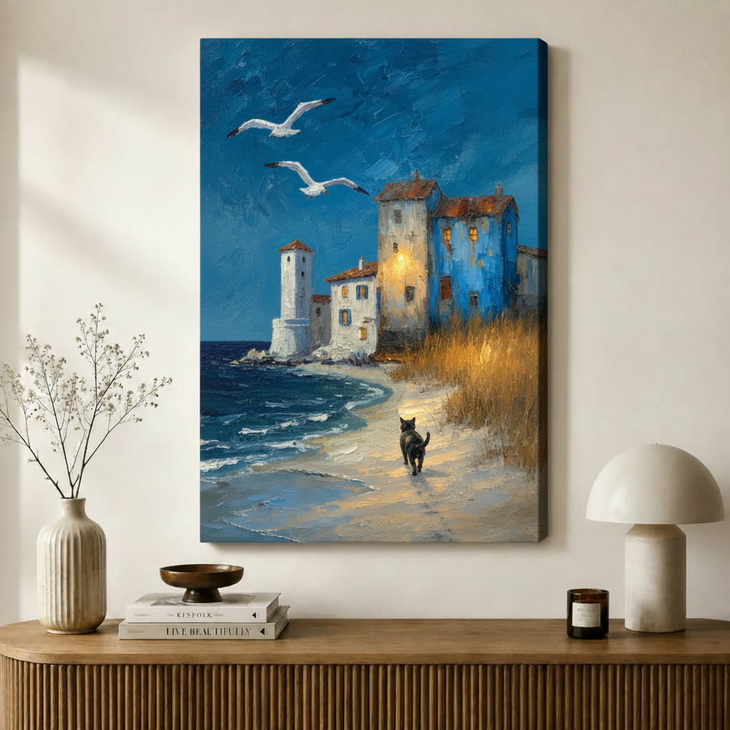 Coastal Cat Beach Oil Painting Canvas Art
