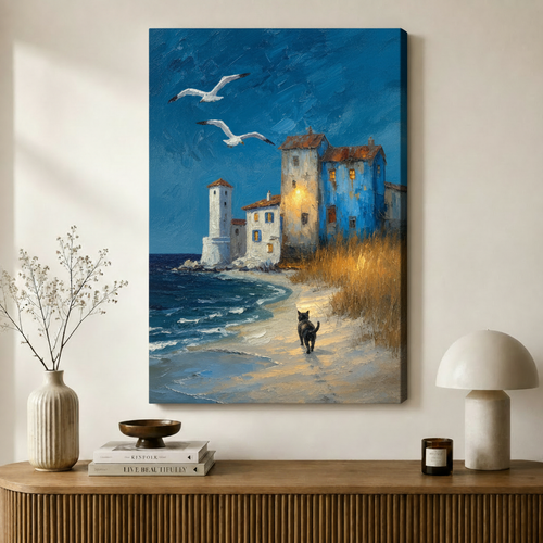 Coastal Cat Beach Oil Painting Canvas Art