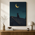 Moonlit Cat Rooftop Night Sky Canvas Art