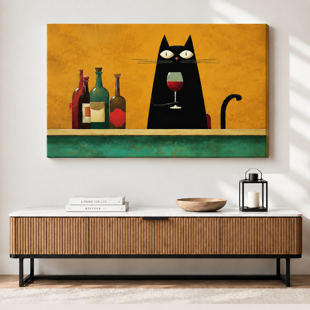 Black Cat Wine Folk Art Canvas Print