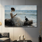 Woman Reading by Sea with Cat Canvas