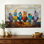 Six Colourful Birds on a Perch Wall Art – Bold Impasto Bird Canvas Print on Natural Wood Frame | W2292