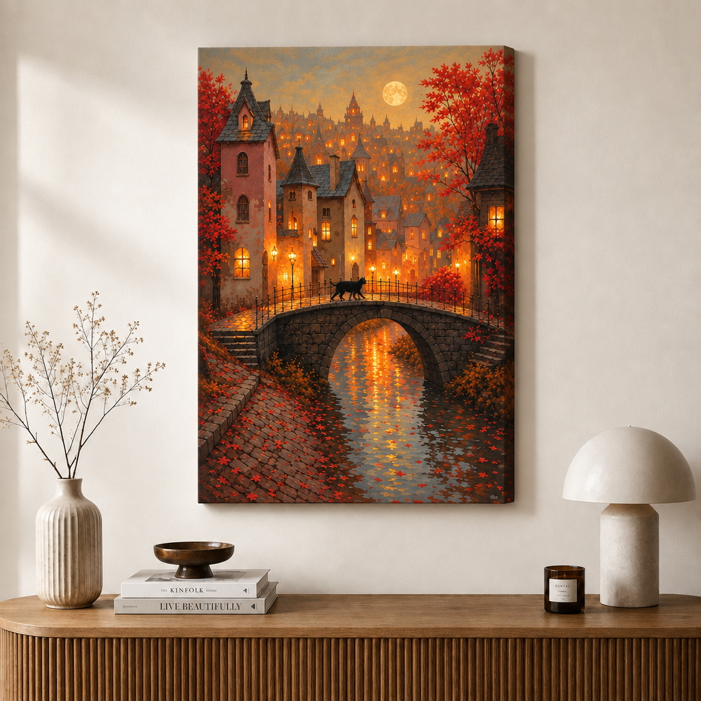 Fantasy Autumn Cat Bridge Canvas Art
