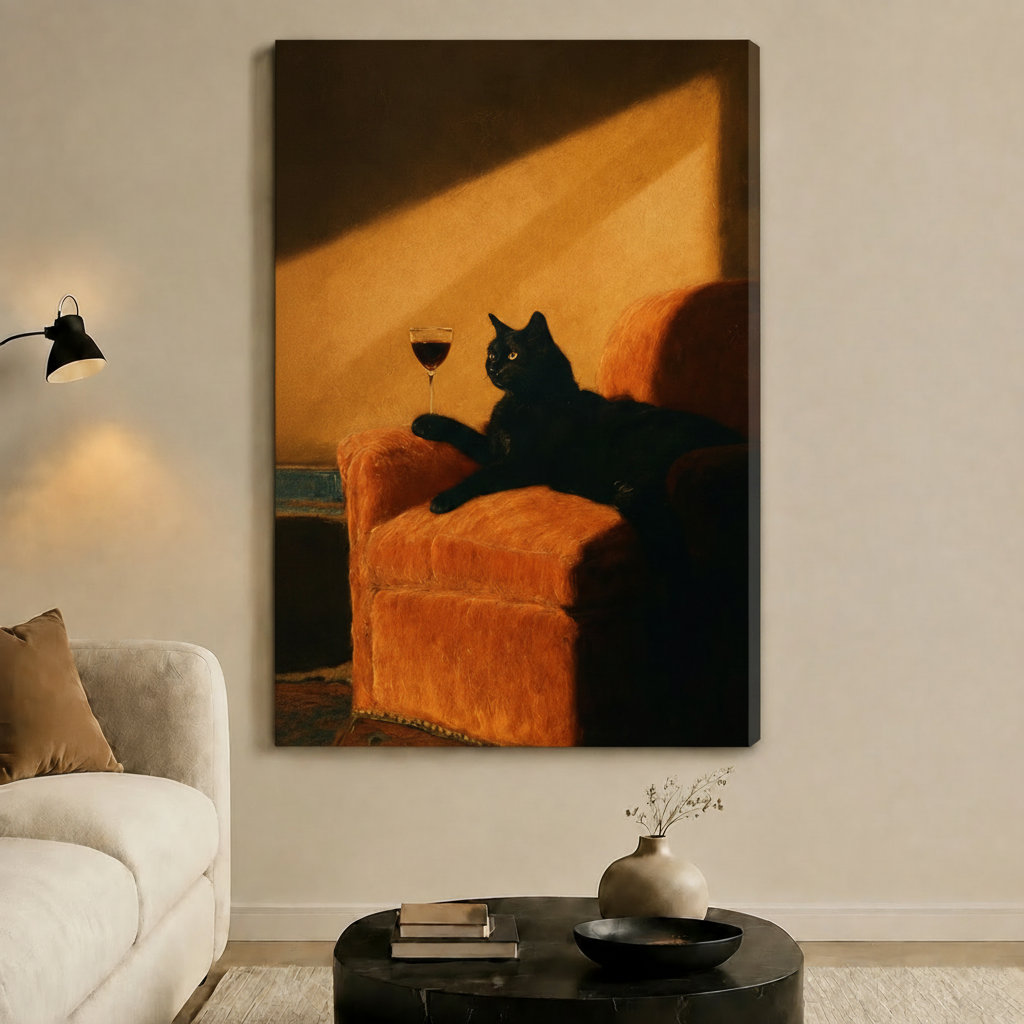 Black Cat Red Wine Velvet Sofa Canvas Art