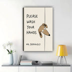 Dachshund "Wash Your Hands" Wall Art – Humorous Bathroom Reminder Canvas Print on Black Wood Frame | W2261