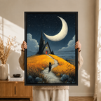 Black Cat Crescent Moon Cottage Canvas Art