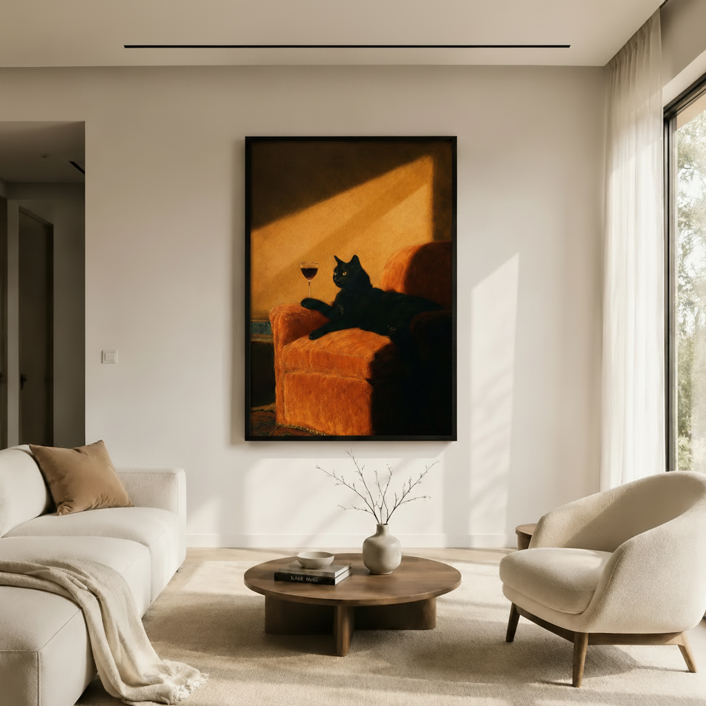 Black Cat Red Wine Velvet Sofa Canvas Art
