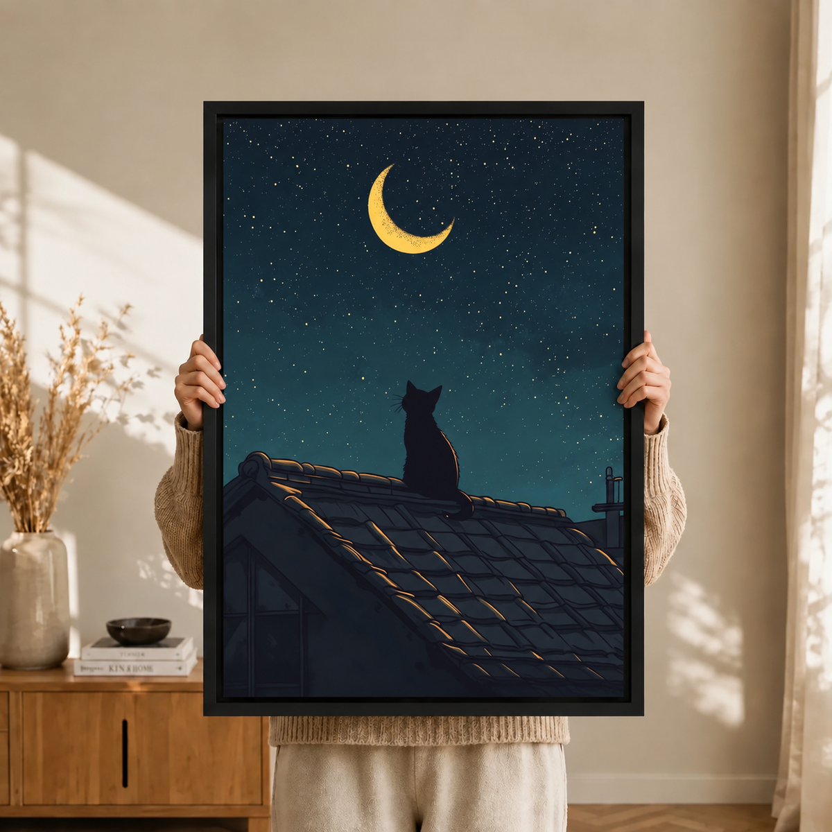 Moonlit Cat Rooftop Night Sky Canvas Art