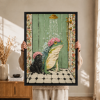 Frog Cat Shower Canvas Wall Art