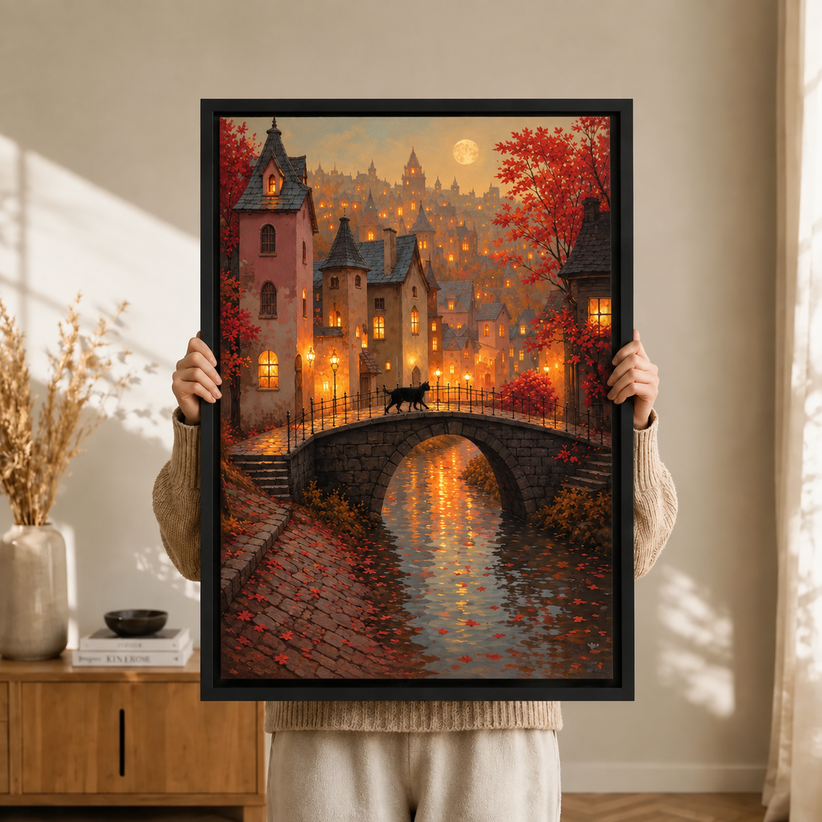 Fantasy Autumn Cat Bridge Canvas Art