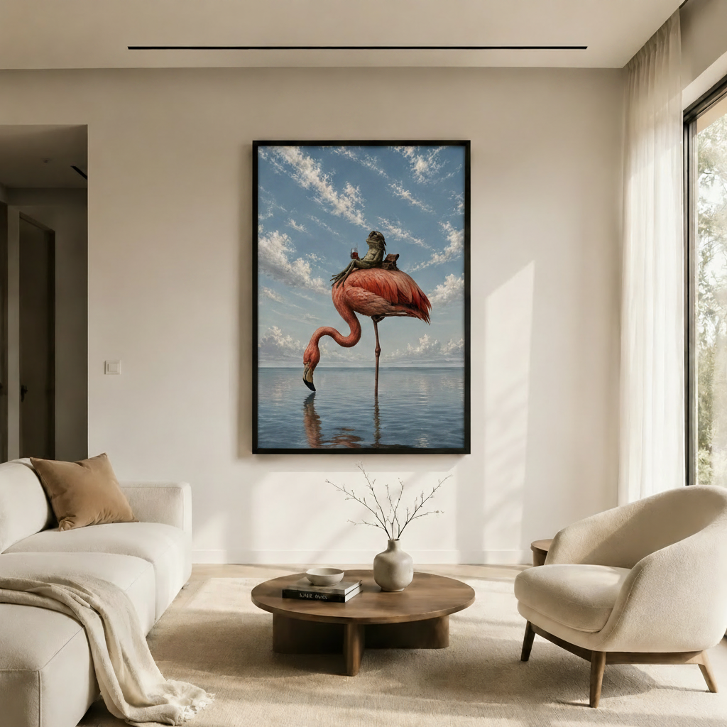Frog Riding Flamingo Surreal Whimsical Canvas Art