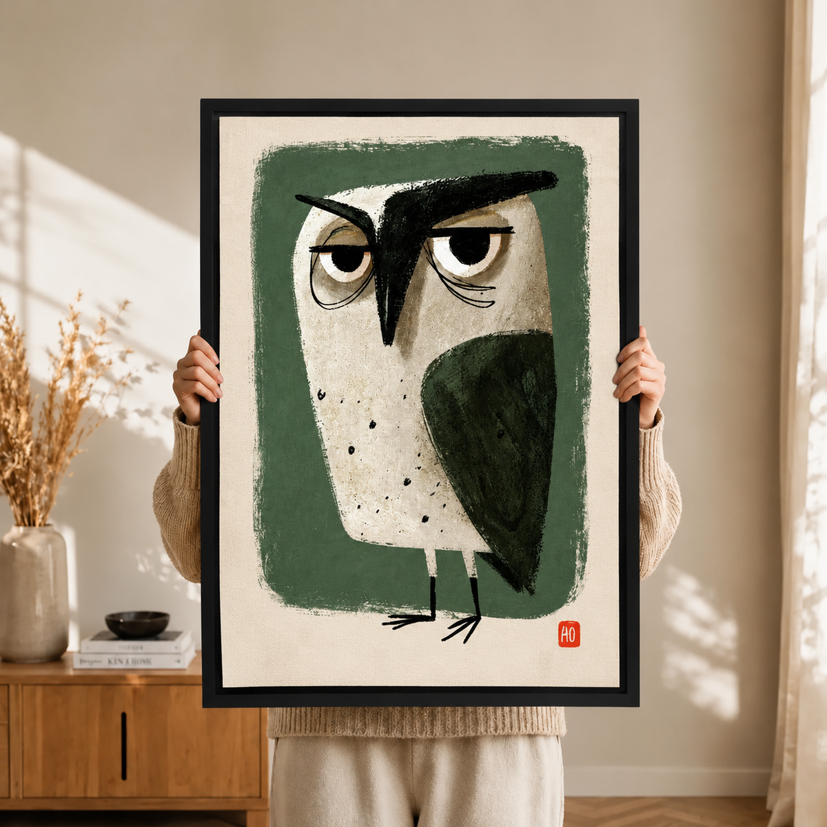 Grumpy Owl Retro Folk Art Canvas Art