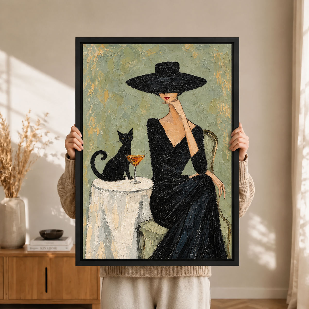 Elegant Lady Black Cat Cocktail Textured Canvas Art