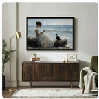 Woman Reading by Sea with Cat Canvas