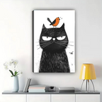 Grumpy Cat with Bird Wall Art - Funny Illustration Print|W1287
