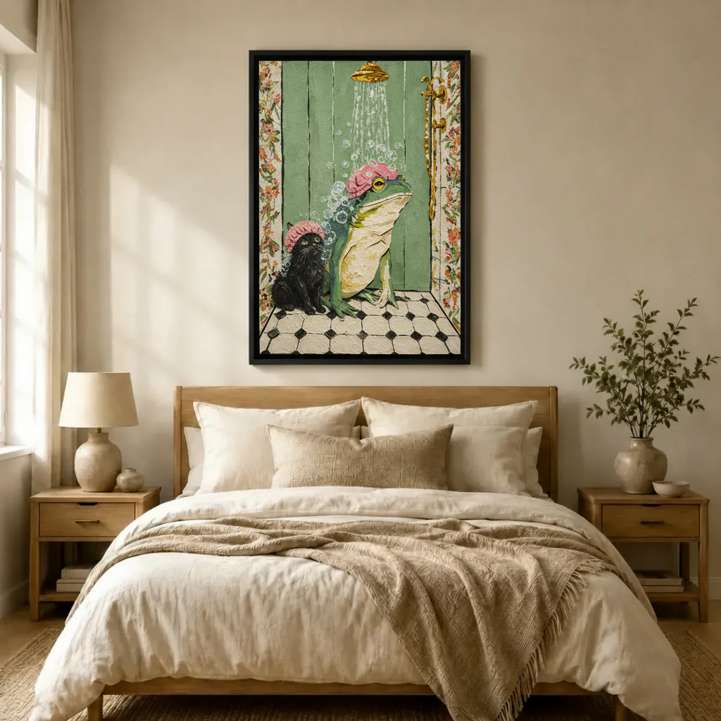 Frog Cat Shower Canvas Wall Art