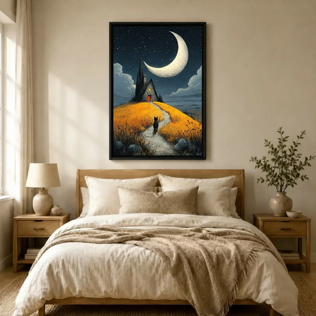 Black Cat Crescent Moon Cottage Canvas Art