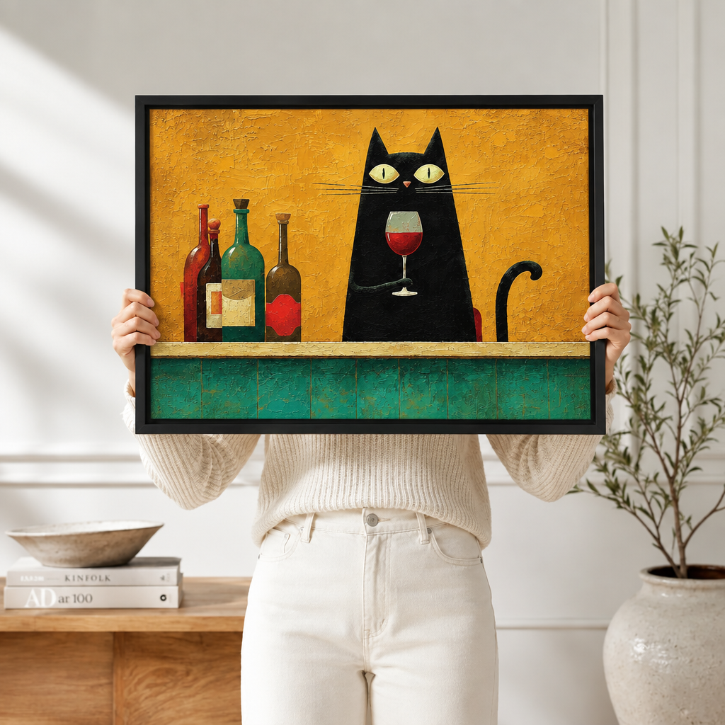 Black Cat Wine Folk Art Canvas Print