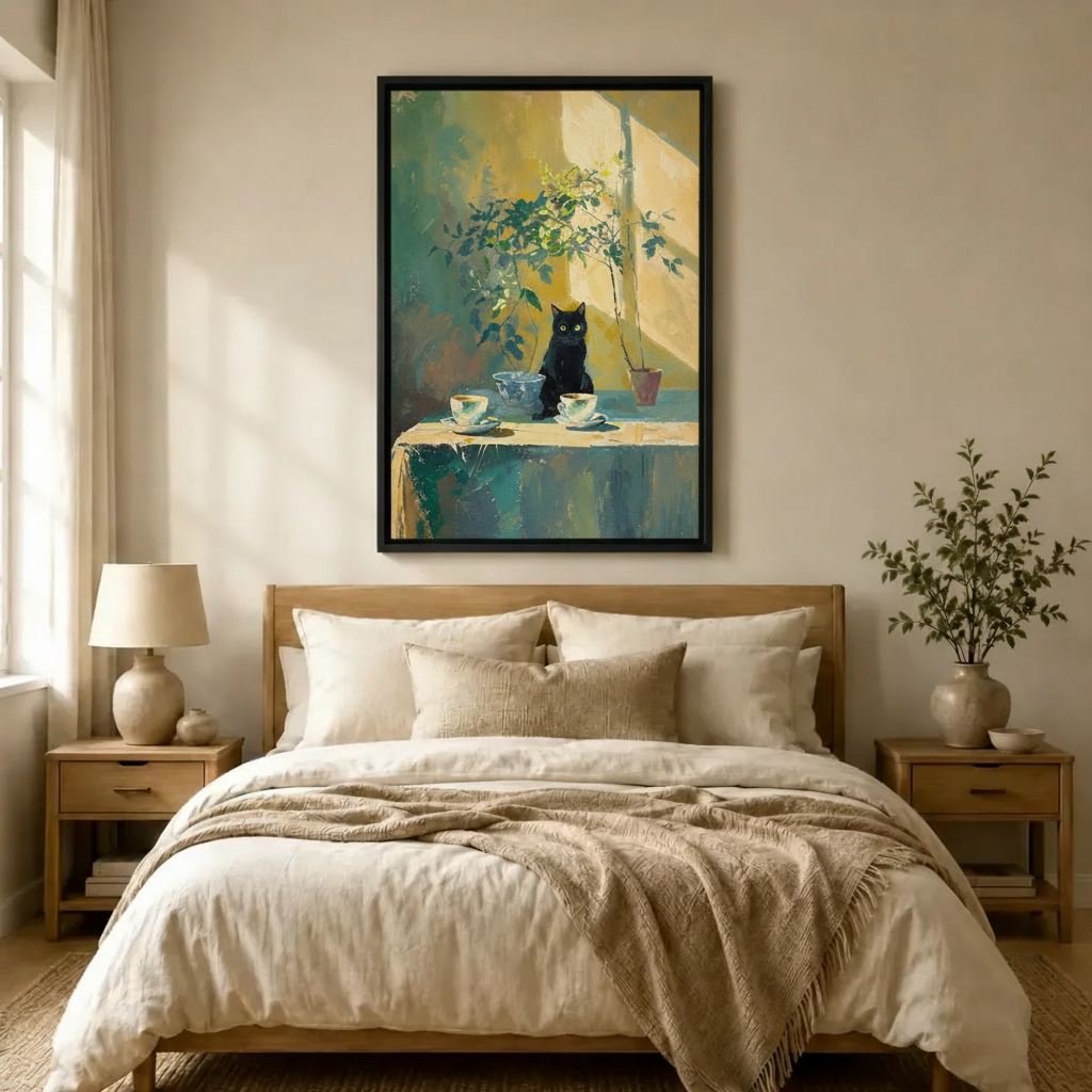Black Cat Tea Time Canvas Wall Art
