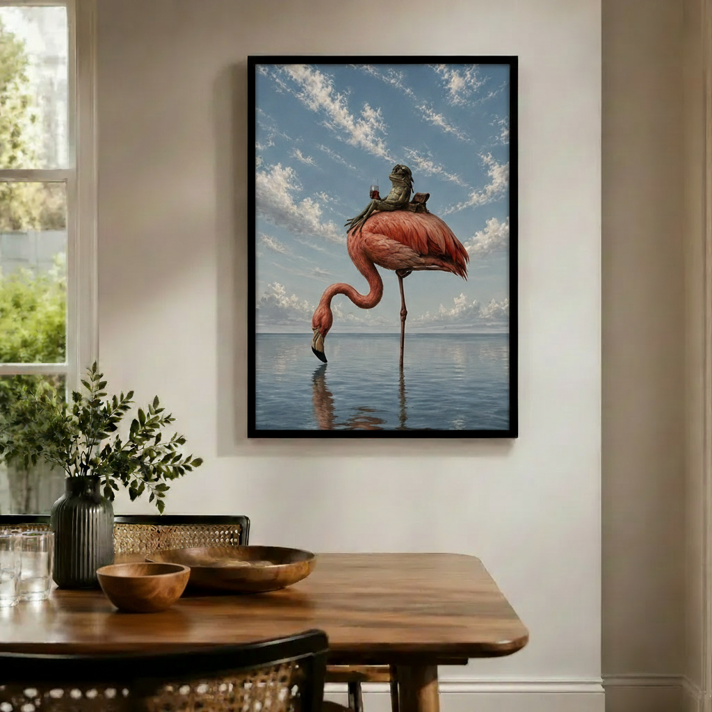 Frog Riding Flamingo Surreal Whimsical Canvas Art