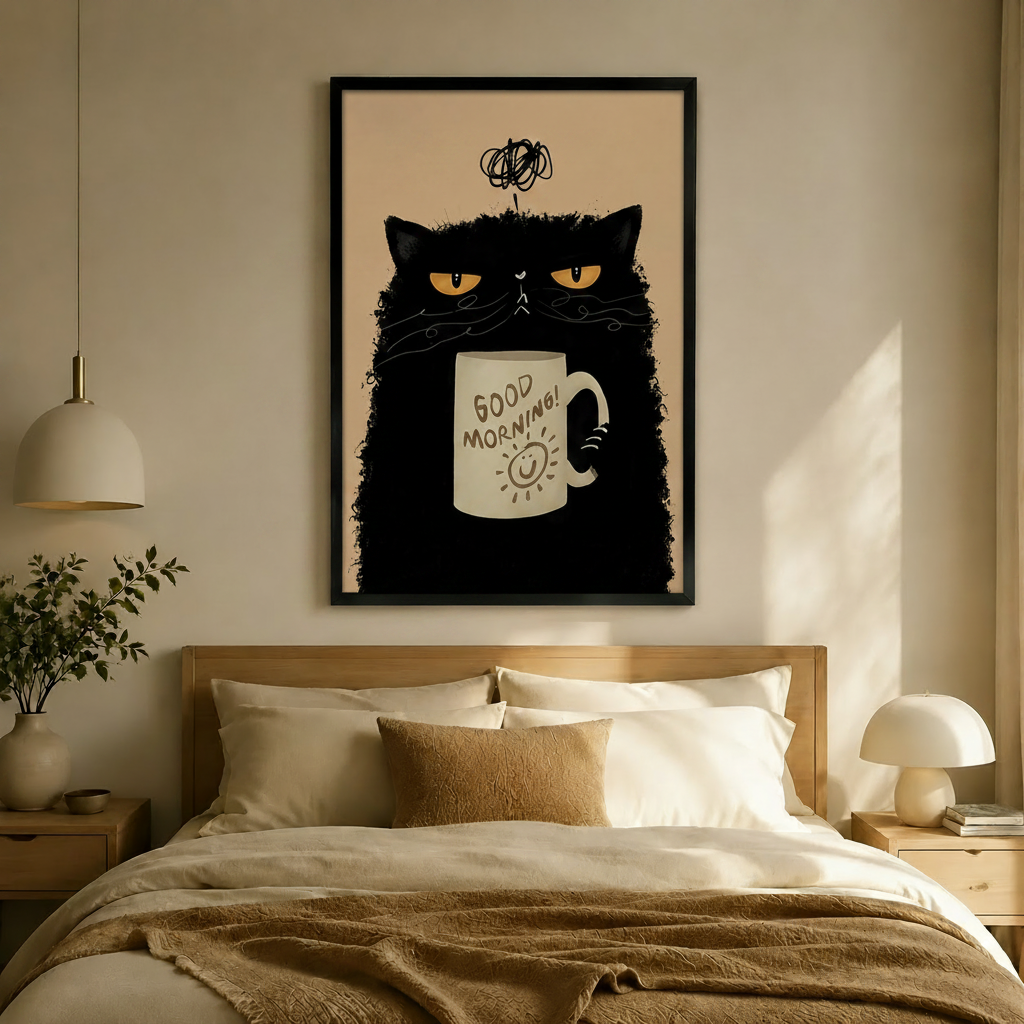 Grumpy Black Cat Good Morning Coffee Canvas Art