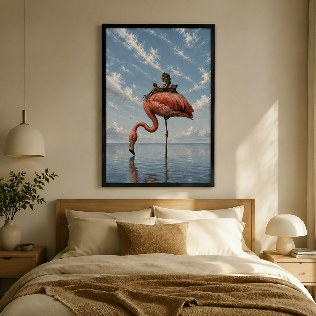 Frog Riding Flamingo Surreal Whimsical Canvas Art