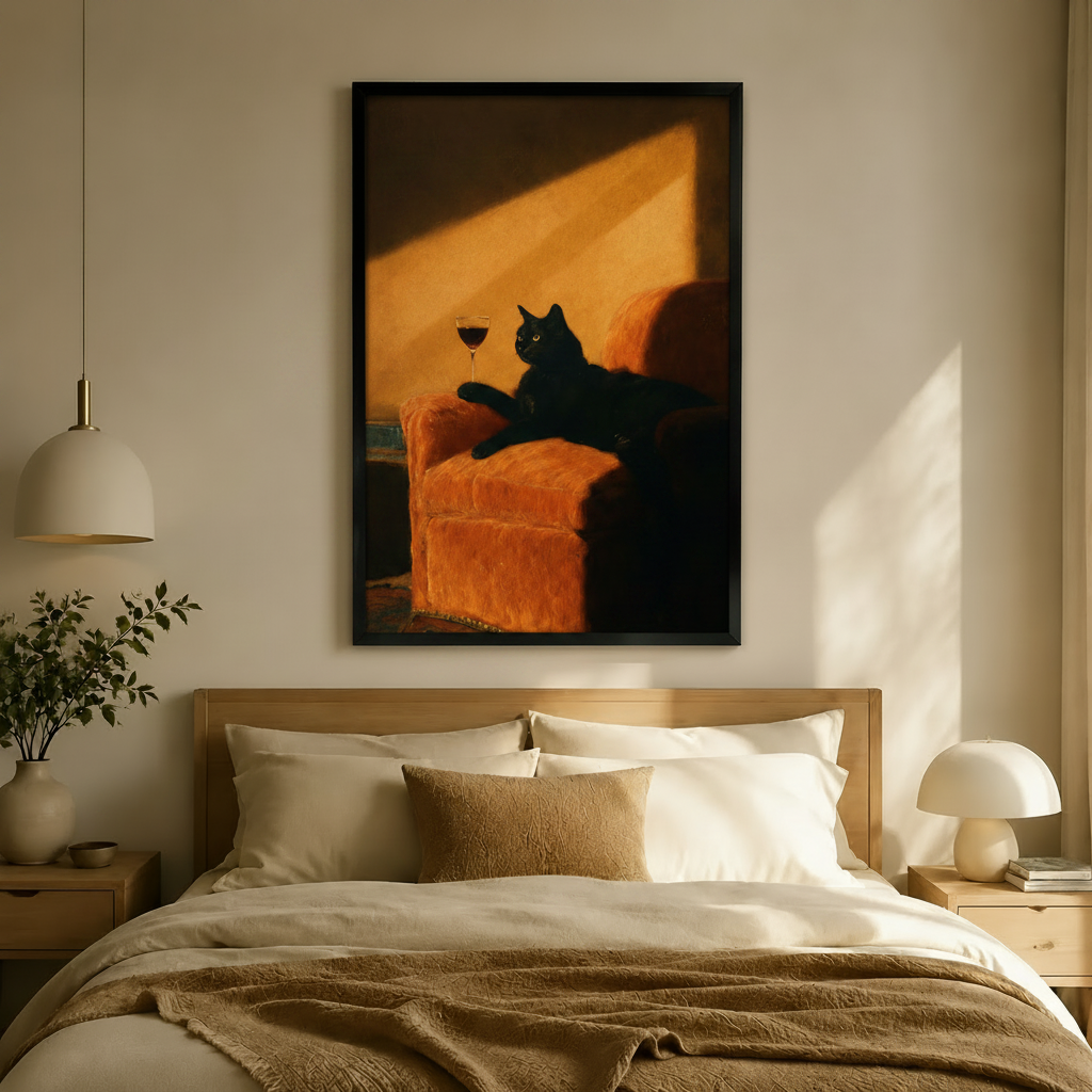 Black Cat Red Wine Velvet Sofa Canvas Art
