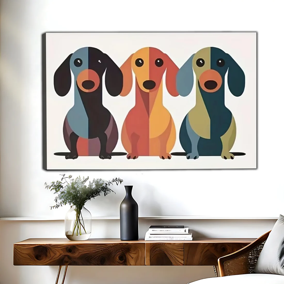 Three Dachshunds Geometric Mid-Century Canvas Art