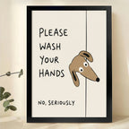 Dachshund "Wash Your Hands" Wall Art – Humorous Bathroom Reminder Canvas Print on Black Wood Frame | W2261