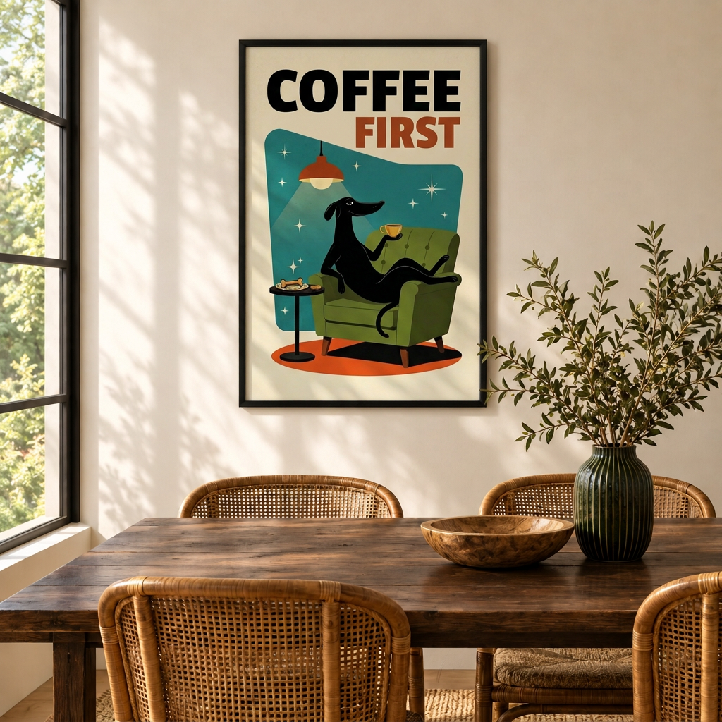 Coffee First Greyhound Retro Poster Canvas Wall Art