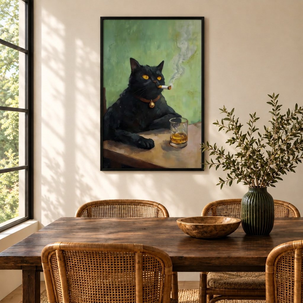 Cigar Cat Whiskey Black Cat Canvas Wall Art