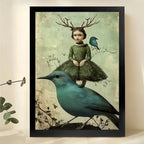 Girl with Antlers on Bird Wall Art – Whimsical Vintage Fantasy Canvas Print on Natural Wood Frame | W2423