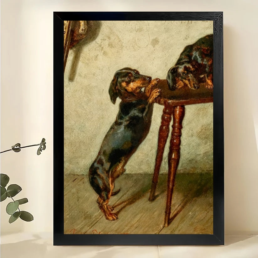 Dachshund Pair Under Chair – Vintage Oil Painting Style Dog Wall Art on Natural Wood Canvas | W987