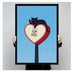 Hands holding black cat I Alone Am Enough framed art print, front-facing product display on grey background