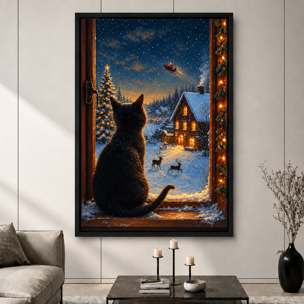 Black Cat Christmas Night Window Canvas Art