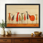 Abstract Birds on a Line Wall Art – Mid-Century Modern Canvas Print on Natural Wood Frame | W2291