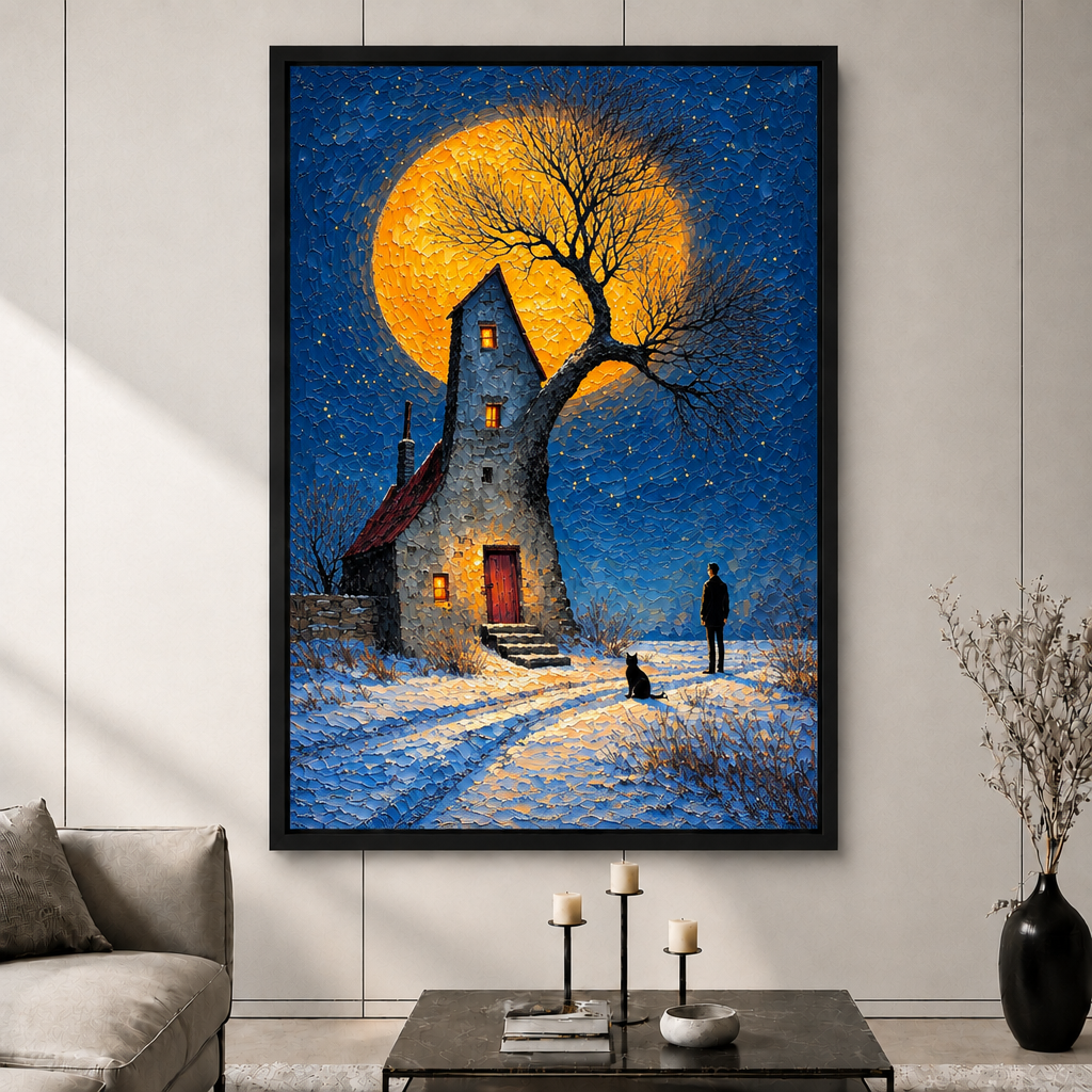 Moonlit Stone Cottage Impressionist Canvas Art
