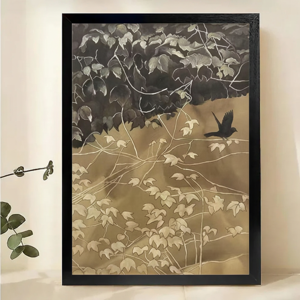 Crow Among Ivy Leaves Wall Art – Japanese Ink Painting Canvas Print on Natural Wood Frame | W2155