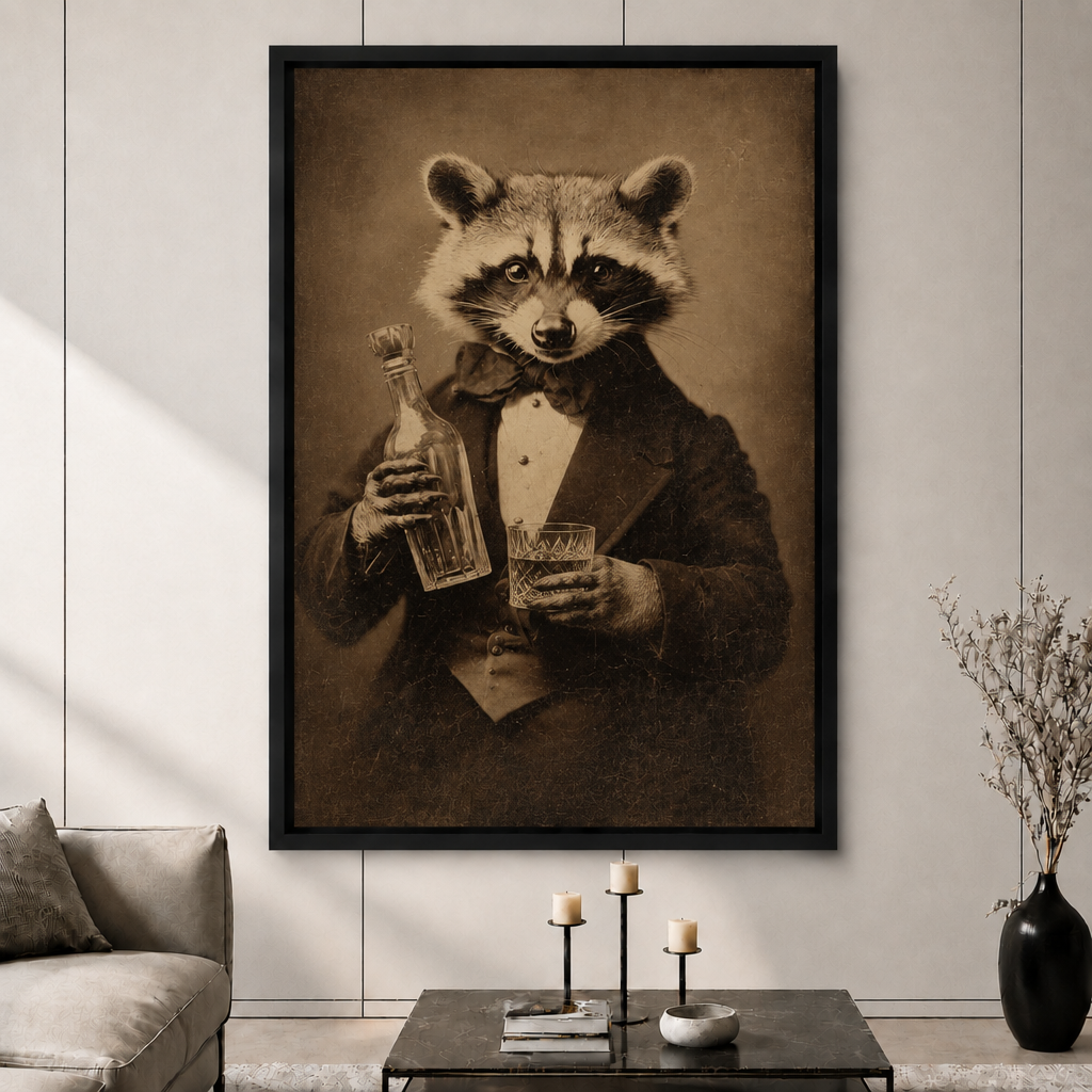 Vintage Raccoon Gentleman Whiskey Canvas Art