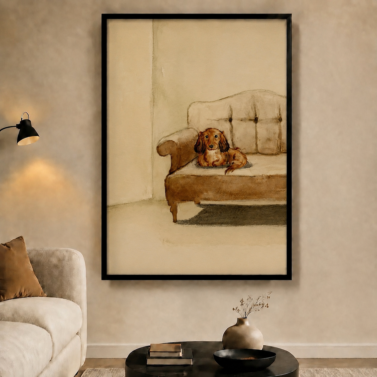 Dachshund on Vintage Sofa Watercolor Canvas Art