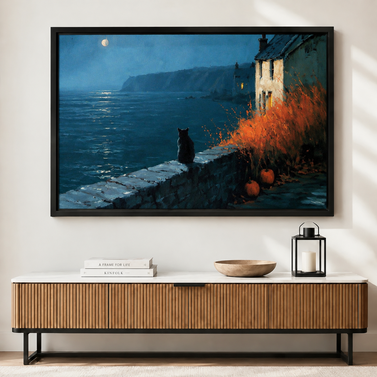 Black Cat Coastal Moonlight Night Canvas Art